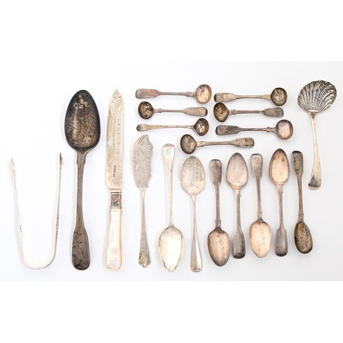 148 - Miscellaneous silver flatware, George III - early 20th c, to include a mother of pearl hafted bread ... 