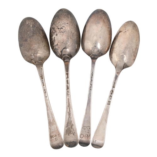 159 - Four George II and early George III silver tablespoons, Hanoverian pattern, with double drop or anth... 