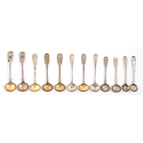 162 - Six pairs of George III and Victorian silver salt spoons,  Old English and Fiddle pattern, all Londo... 