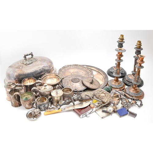 176 - Miscellaneous Victorian and later electro-plated articles, to include a gadrooned dish cover, pair o... 