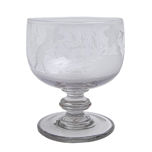 182 - An English glass rummer, c1840, the cut bowl wheel engraved with a sportsman taking aim with his gun... 