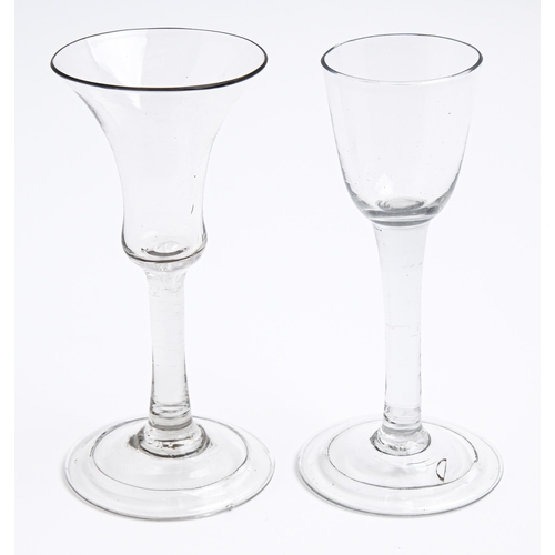 187 - Two English wine glasses, c1750, with round funnel or waisted bell bowl on solid stem, with or witho... 