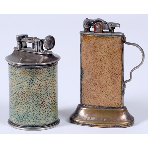 213 - A William and Gill shagreen covered plated metal table lighter, c1920, of cylindrical shape, 90mm h,... 