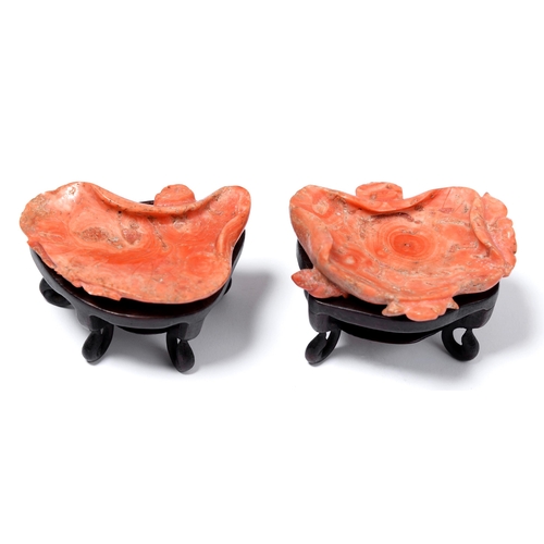 229 - Two Chinese coral carvings of a lotus leaf, late 19th / early 20th c, approximately 60mm, 32 and 42g... 