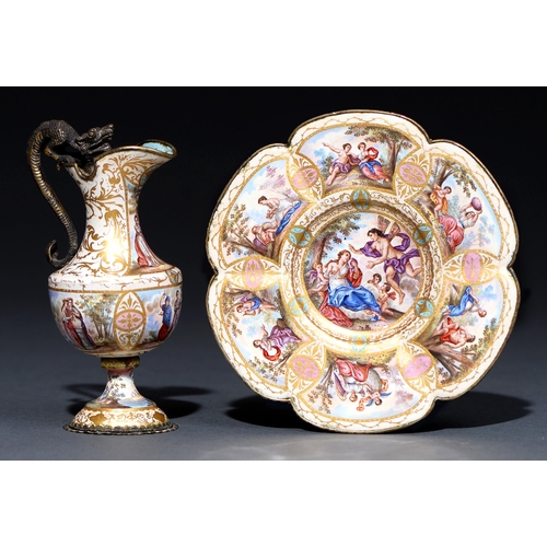 230 - A Viennese enamel and gilt silver coloured metal miniature rosewater ewer and stand, c1900, the shie... 