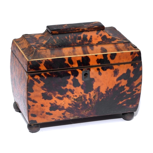 242 - A Victorian tortoiseshell tea caddy, with pagoda lid and veneered in matched blond shell, the divide... 