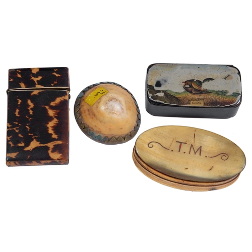 255 - A papier mache snuff box, mid 19th c, printed and painted with a cock treading a hen and inscribed G... 