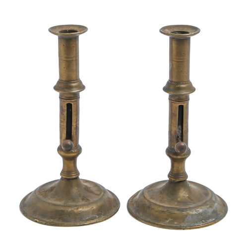 260 - A pair of English brass candlesticks, mid 18th c, with ejector, 19cm hThe collection of C. W. Briggs... 