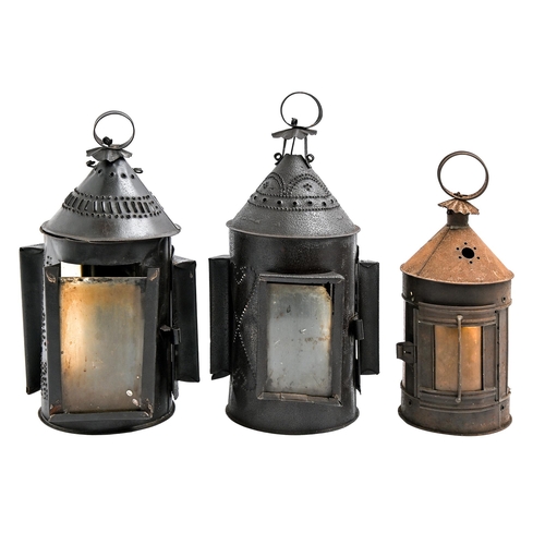 265 - Three English tinplate horn lanterns, 19th c, two of three aspect, one stamped with hearts, 24-30cm ... 