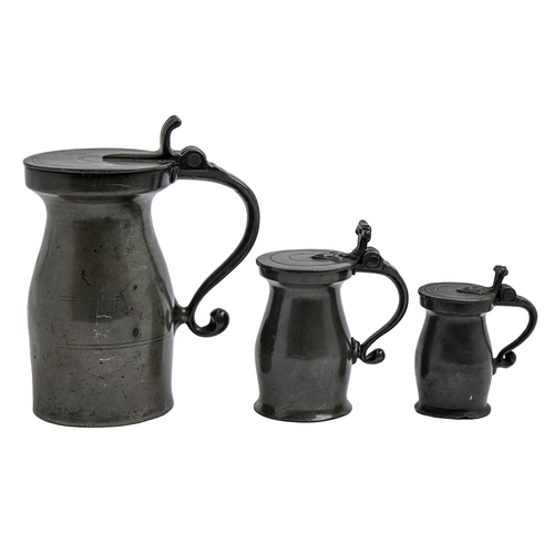 270 - Three French graduated pewter measures, 19th c, medium engraved 8 ounce on body, smallest 4oz on lid... 