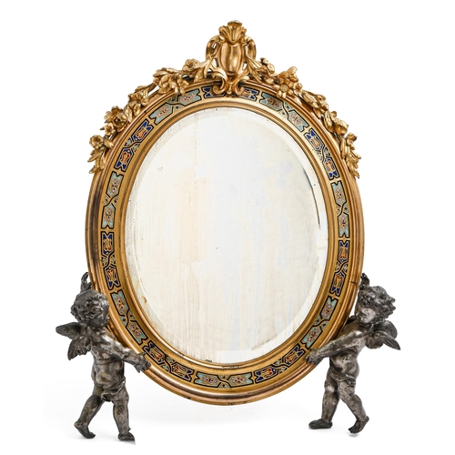 273 - A French gilt and silvered bronze and champleve enamel dressing mirror, c1870, crested by a cartouch... 