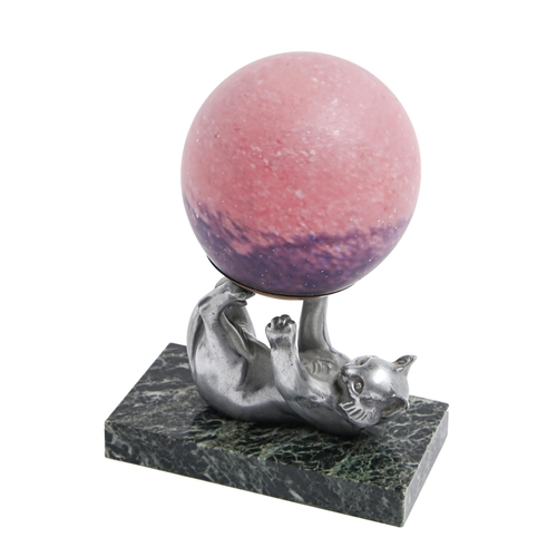 278 - An Art Deco spelter cat figural table lamp, c1930, in the form of a kitten balancing a mottled pink ... 