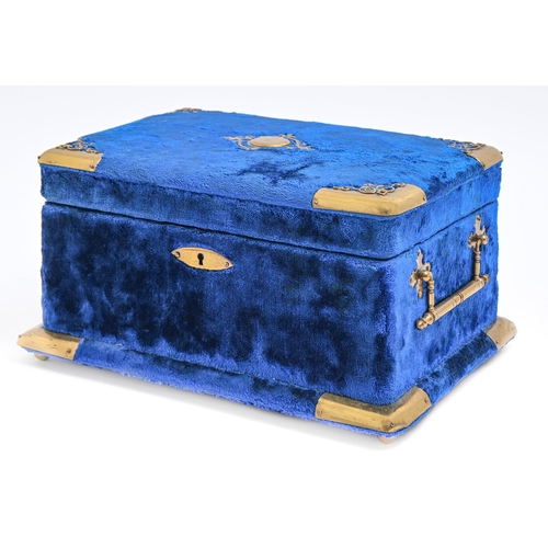 281 - A Palais Royal musical gilt brass mounted bright blue plush jewel box, late 19th c, with Swiss movem... 