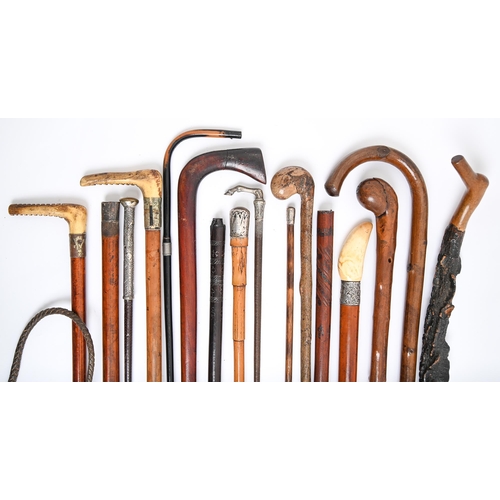 325 - Miscellaneous Victorian malacca canes and other canes, sticks and riding whips,  several silver moun... 