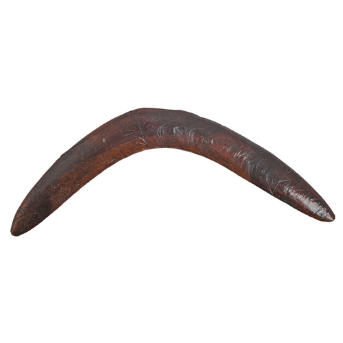 326 - First nation peoples. Boomerang, Australia, late 19th c, incised with birds with brass pin eyes inte... 