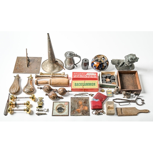 330 - Miscellaneous works of art and bygones, to include two 19th c copper shot flasks, a bronze bust of a... 