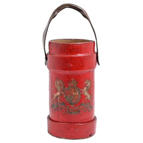 337 - A scarlet cork cordite bucket, early 20th c, with royal arms transfer and leather handle, 41.5cm hTh... 