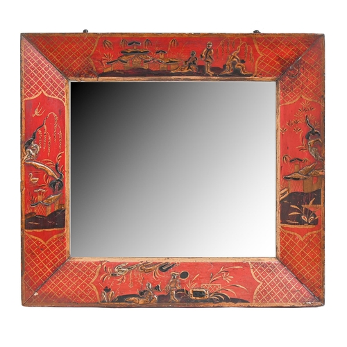 340 - A scarlet japanned mirror, early 20th c, decorated with chinoiseries, 50 x 56cmThe collection of C. ... 