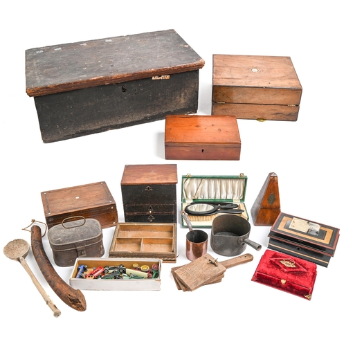 342 - Miscellaneous Victorian and later bygones, to include a copper saucepan, velvet jewel box, bird scar... 