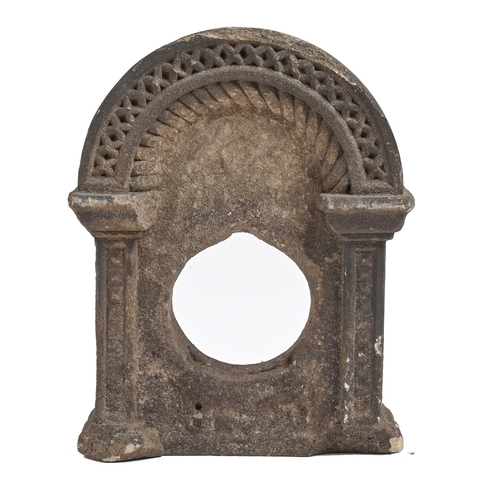 348 - A Victorian carved sandstone fountain head clockcase in the form of a Norman arched doorway, 32cm hT... 