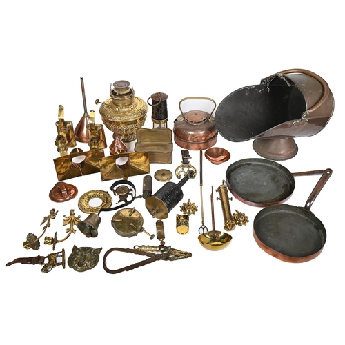 355 - Miscellaneous 19th c English copper and brass bygones, to include a sheet brass candle box, two funn... 