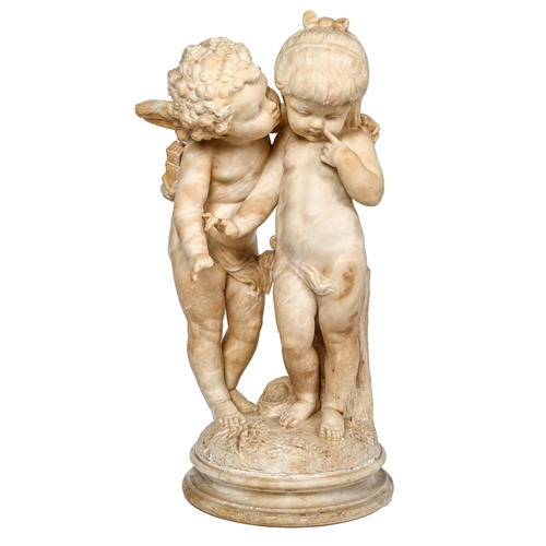 356 - A French or Italian alabaster group of Putto and an infant girl, late 19th c, by a stump with a fall... 