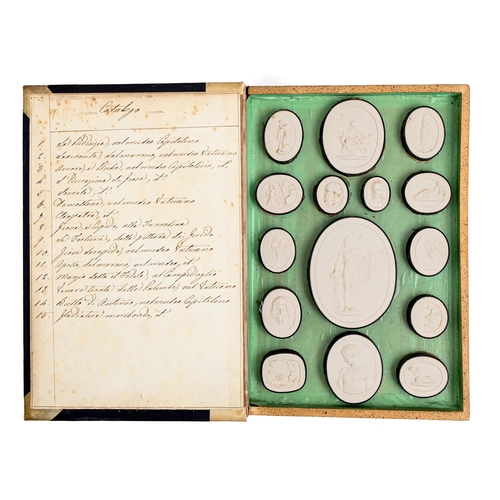 360 - A set of fifteen Italian Grand Tour plaster casts of classical intaglios in book shaped box, early 1... 