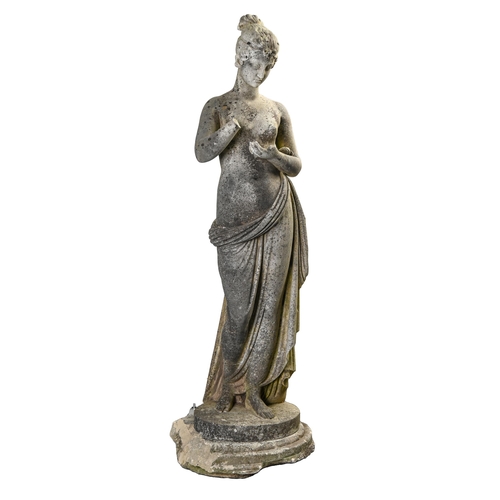 378 - A three quarter life sized marble statue of a partly draped young woman, 19th c,  on round base, 156... 