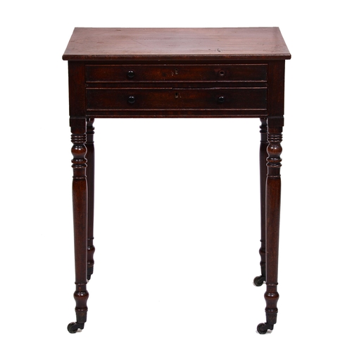 393 - An early Victorian mahogany work table, fitted with two drawers, on turned legs with brass castors, ... 