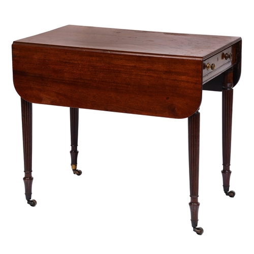 409 - A George IV mahogany drop leaf table, on reeded tapering turned legs and brass castors, 71cm h; 80 x... 