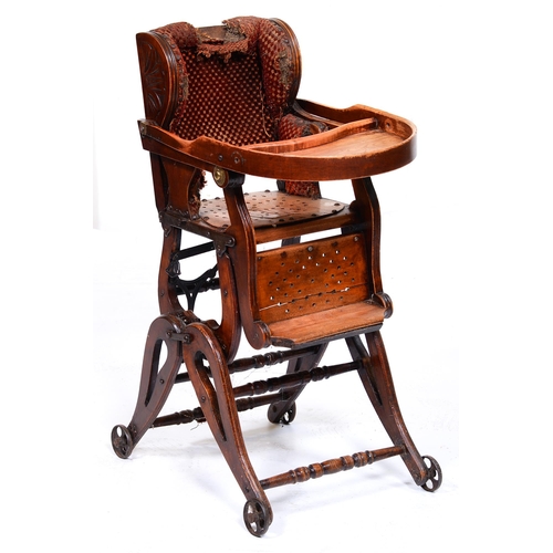 414 - A late Victorian stained beech wingback child's high chair, fully adjustable, on iron wheels, 83cm h... 