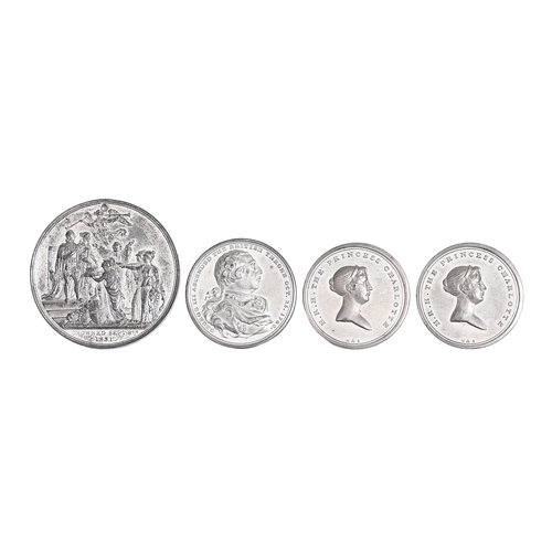 501 -  Coronation of William IV, 12831, white metal, 55mm, holed and three others, Death of Princess Charl... 