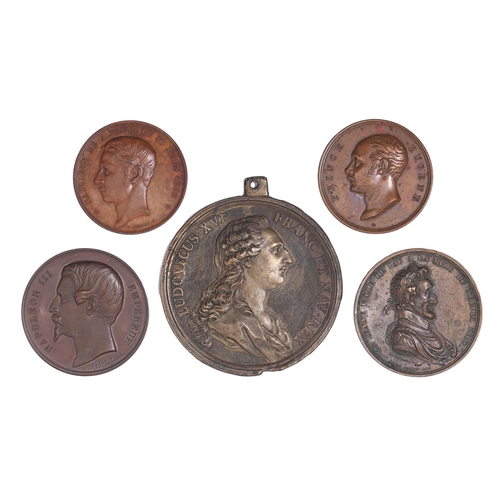 524 - France, Napoleon III Empereur and Eugenie, bronze 51mm, by Caque, EF; Louis XVI, a uniface brass pla... 