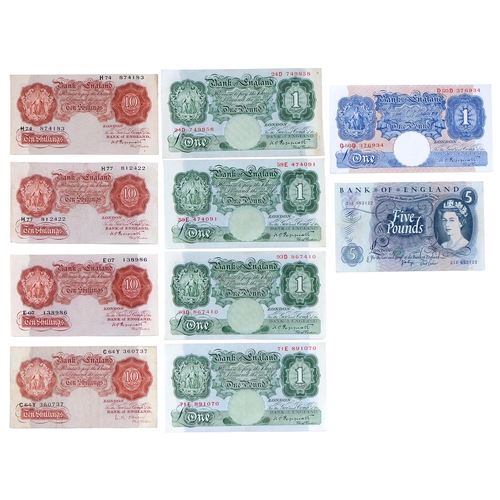 544 - Paper Money.  Bank of England, Peppiatt Ten Shillings, H- (2), E and C - One Pound green, -D (2... 