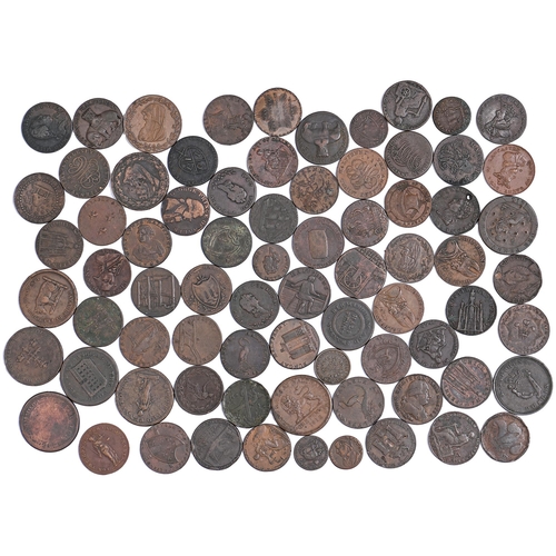 548 - Tokens, 18th century, Farthings (5); Halfpennies (57), Pennies (2); 19th century, Halfpennies (2); P... 