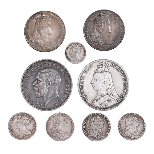 583 - Crowns, 1889, 1935; Sixpences, Queen Anne, 1705 Roses and Plumes good Fine; George III, 1787 EF, oth... 