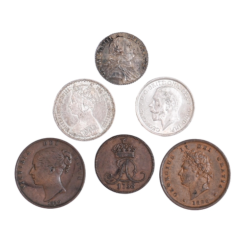 589 - Coins, Great Britain, Florins, Victoria Gothic, 1885, gEF-UNC; 1918 aBU; 1/- 1787 aEF; 1d 1826 VF+; ... 