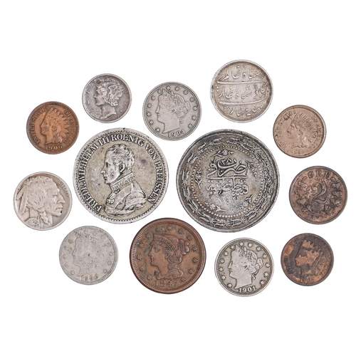 591 - World Coins, Prussia, Thaler 1820D Fine; Turkey 6k, 1223 yr 28, VF; U.S.A. 1c 1847 good VF; 1859 cho... 