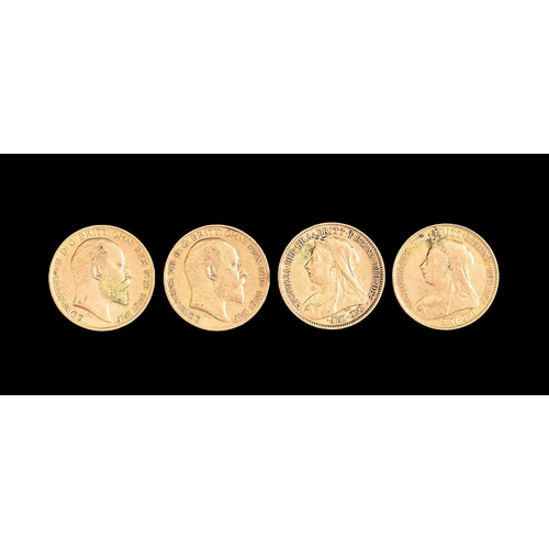 598 - Gold Coins.  Half sovereign 1897, 1899, 1905 and 1906