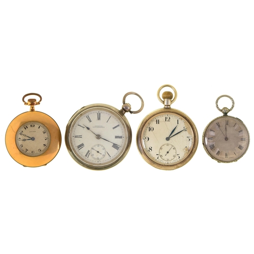 62 - Two silver lever watches and two gold plated or nickel plated keyless lever watches, late 19th - ear... 