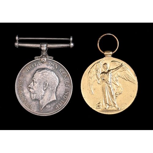 627 - WWI pair, British War Medal and Victory Medal 214380 Pte C Clark Bord R and a copper powder flask... 