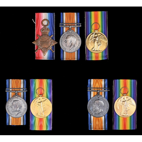 633 - WWI, two pairs and group of three brothers medals, 1914-15 Star, British War Medal and Victory Medal... 