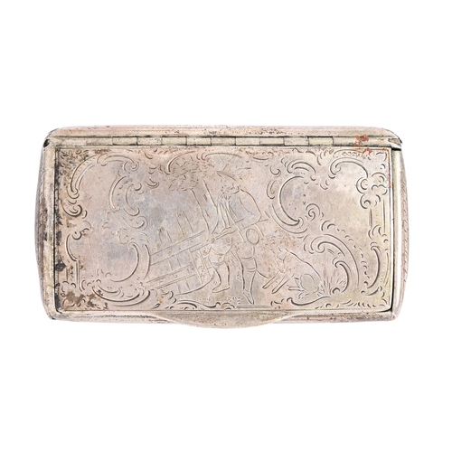 76 - An Austro Hungarian silver snuff box, the lid engraved with man and dog, 85mm l, maker's mark obscur... 