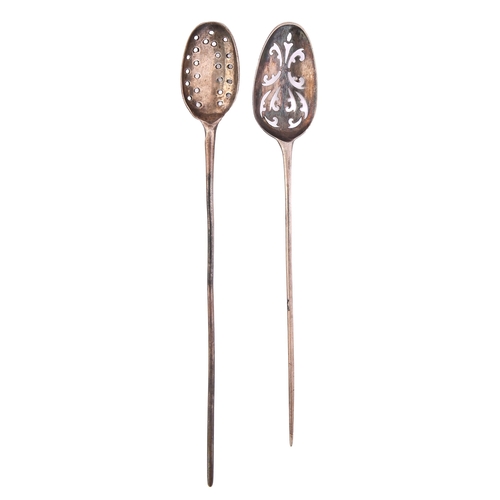 84 - An early silver mote spoon and another, c1740 and third quarter 18th c, with rat tail, the earlier w... 