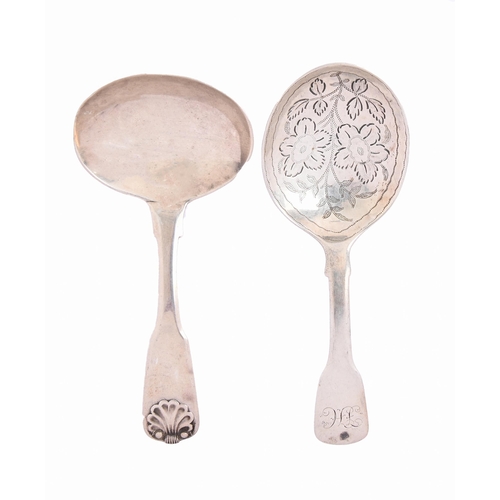 87 - Two George III silver caddy spoons, Fiddle and Fiddle and Shell pattern, the first with engraved bow... 