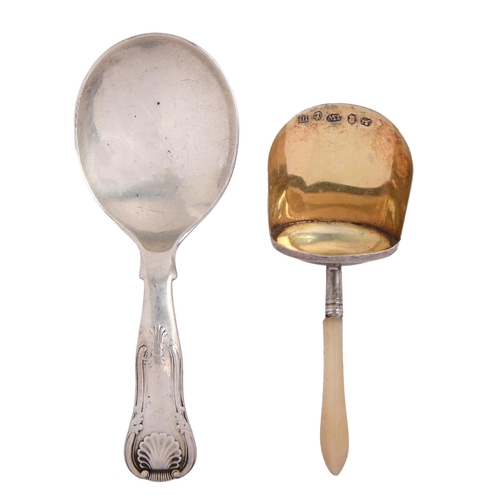 91 - A George III silver caddy spoon, with mother of pearl handle, 88mm l, by Joseph Willmore, Birmingham... 