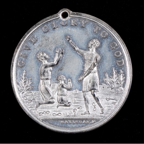 511 - 1834, Colonial Slavery Abolished, Give Glory to God, white metal, 32mm by Halliday, BHM 1670, holed ... 