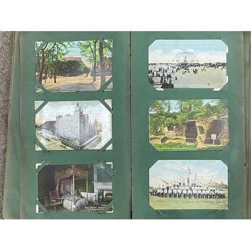 343 - An Edwardian postcard album, the postcards including real photographic, interior of a bicycle factor... 