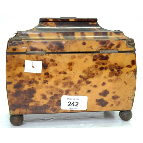 242 - A Victorian tortoiseshell tea caddy, with pagoda lid and veneered in matched blond shell, the divide... 