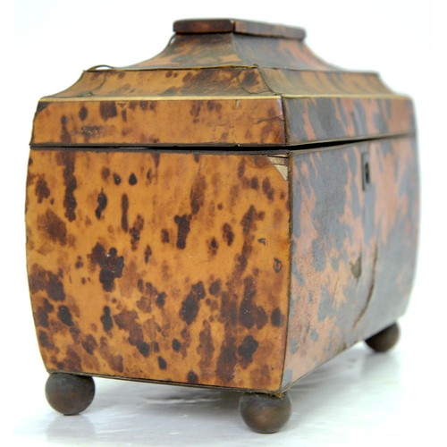 242 - A Victorian tortoiseshell tea caddy, with pagoda lid and veneered in matched blond shell, the divide... 